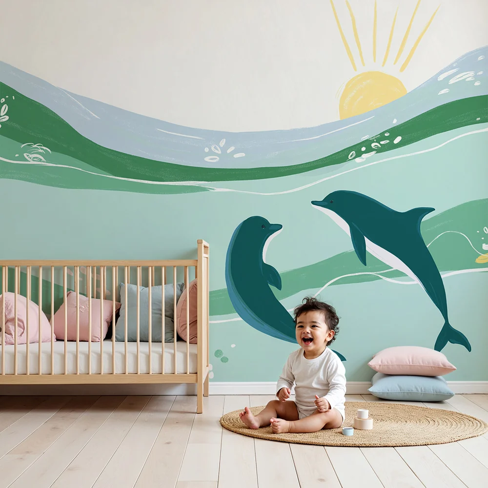 Papel de parede crianç | Golfinhos felizes em um mar tranquilo