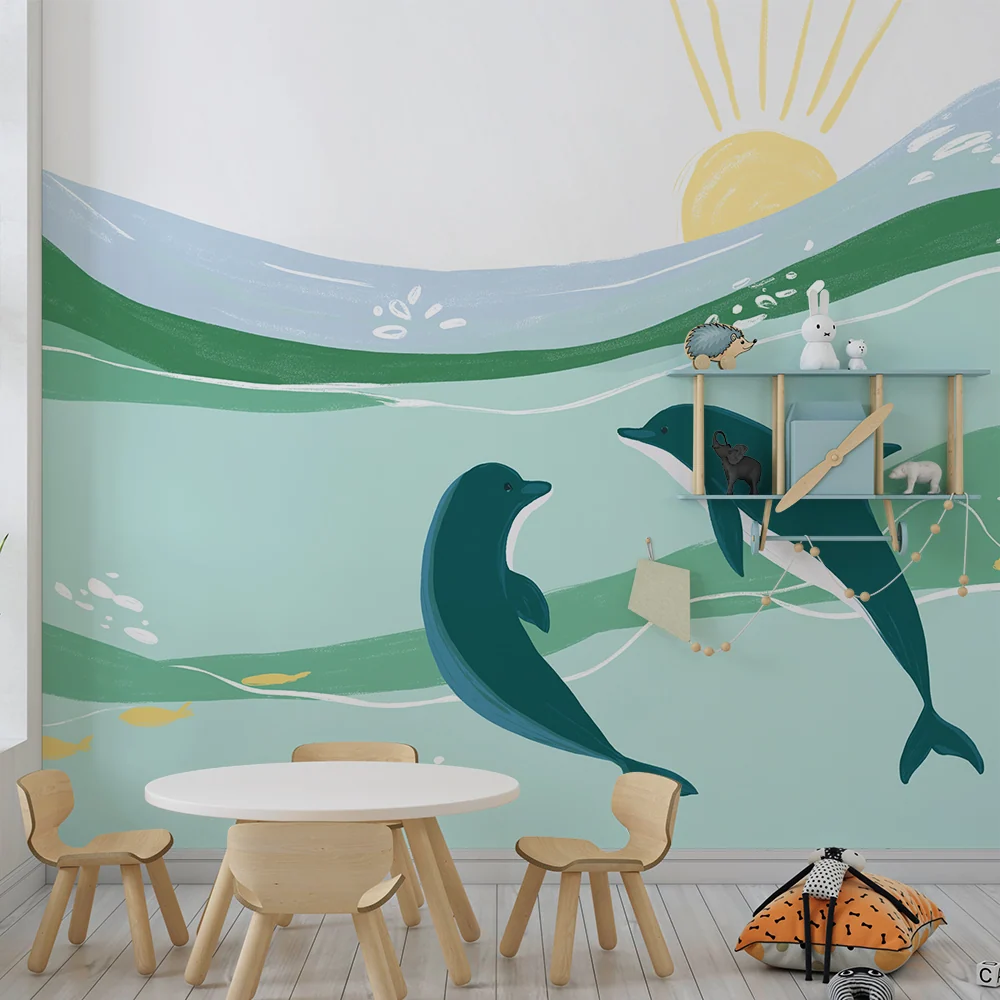 Papel de parede crianç | Golfinhos felizes em um mar tranquilo