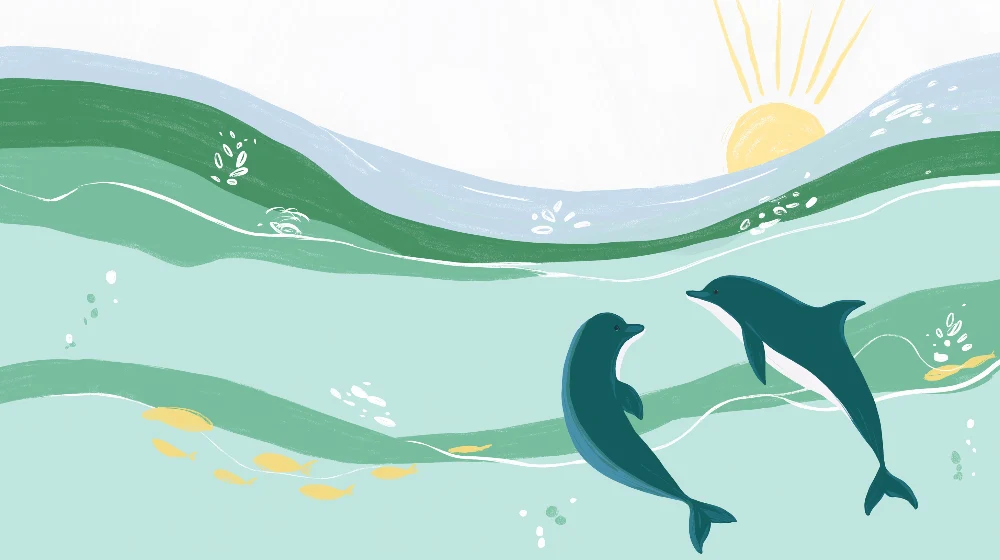 Papel de parede crianç | Golfinhos felizes em um mar tranquilo
