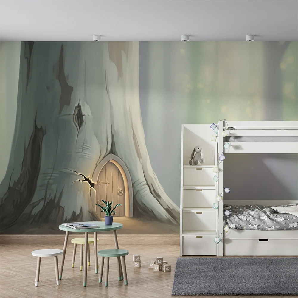 Papel de parede crianç | Grande porta mágica em uma árvore no coração da floresta
