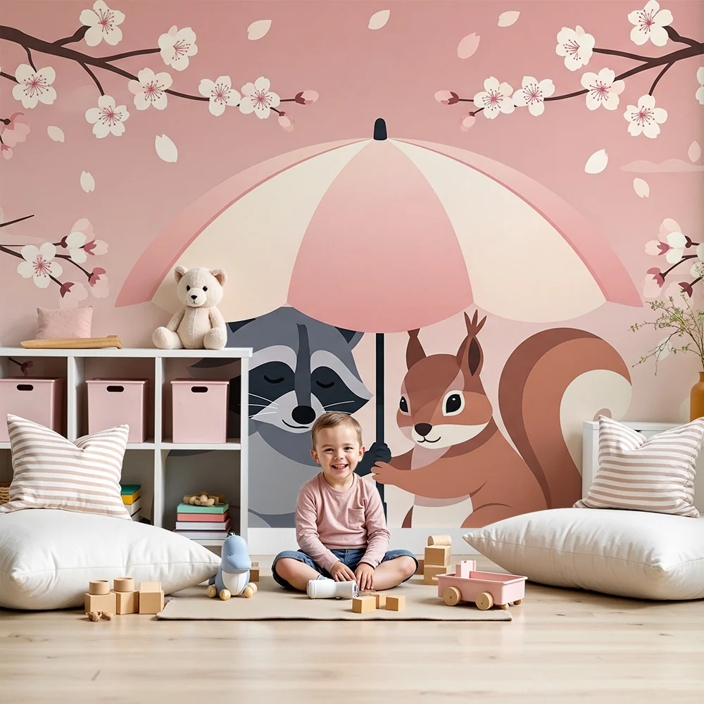 Papel de parede crianç | Guaxinim e esquilo debaixo de um guarda-chuva florido
