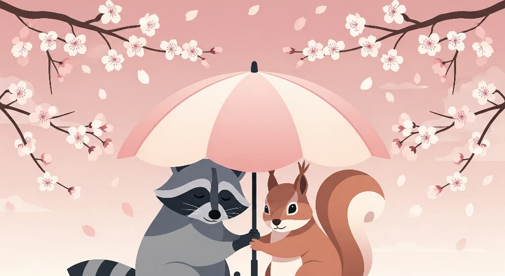 Papel de parede crianç | Guaxinim e esquilo debaixo de um guarda-chuva florido