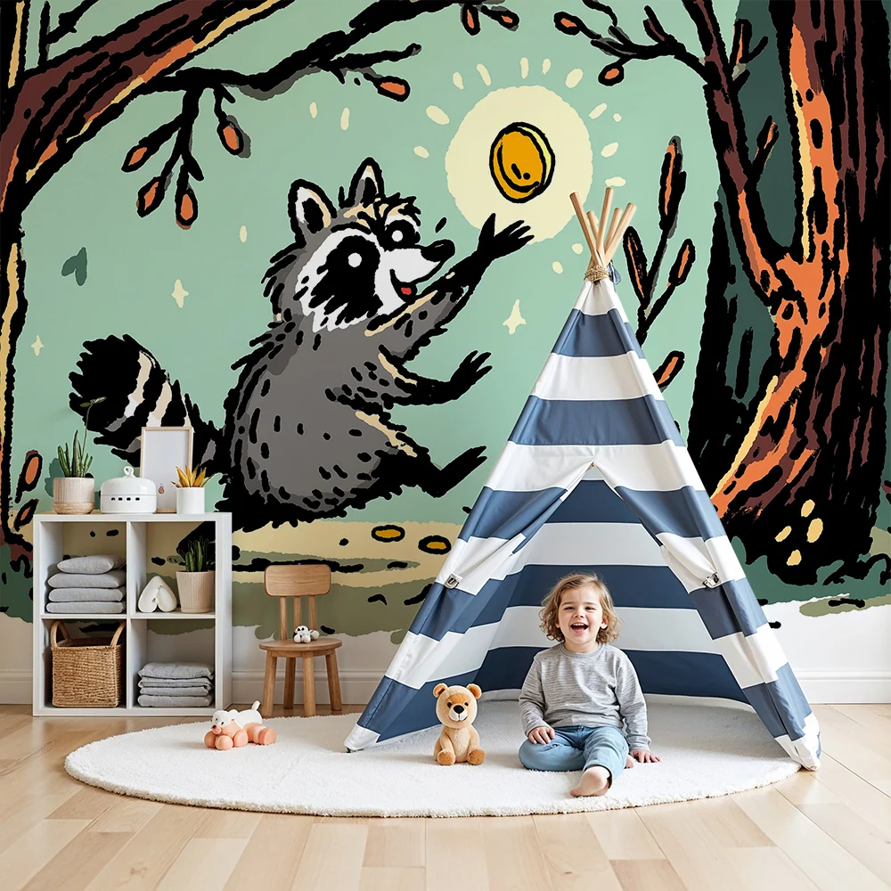 Papel de parede crianç | Guaxinim feliz brincar na floresta