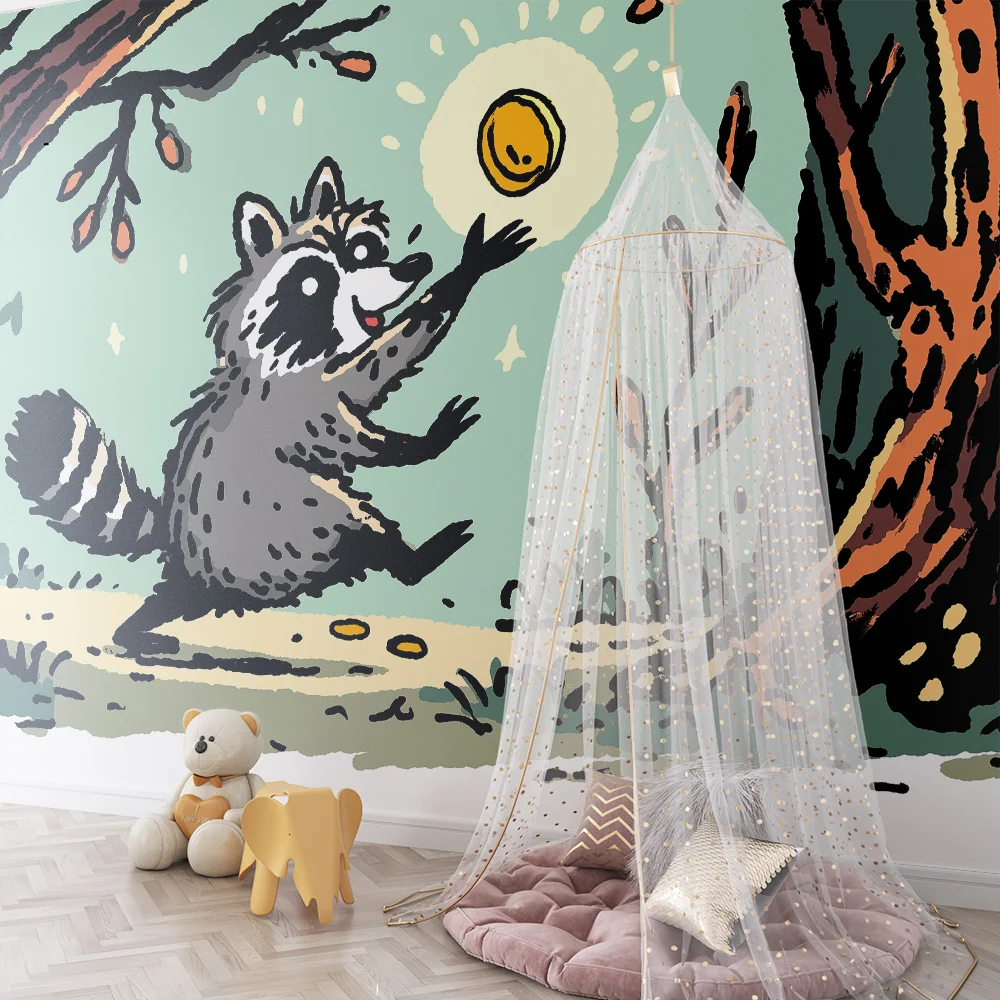 Papel de parede crianç | Guaxinim feliz brincar na floresta