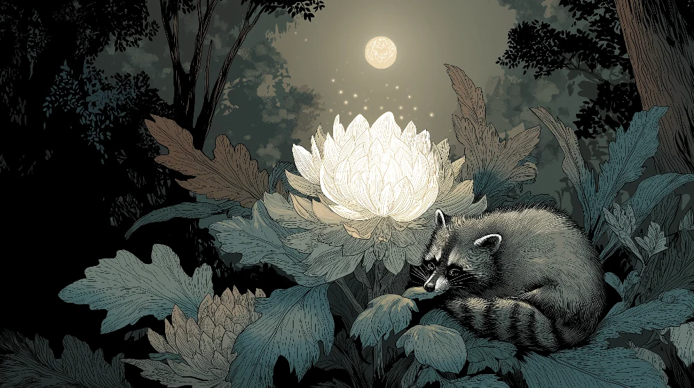 Papel de parede crianç | Guaxinim pacífico sob lua e flores brilhantes