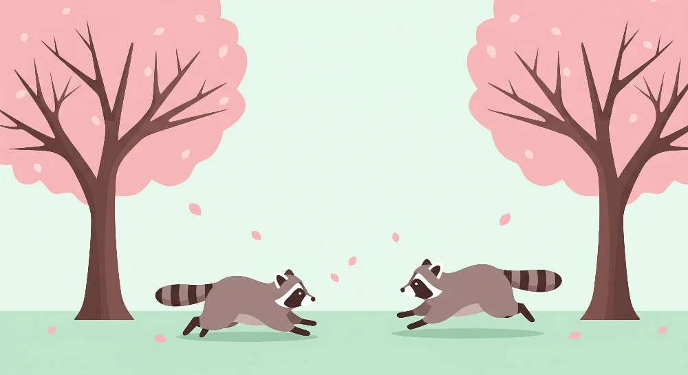 Papel de parede crianç | Guaxinim travesso sob as cerejeiras em flor