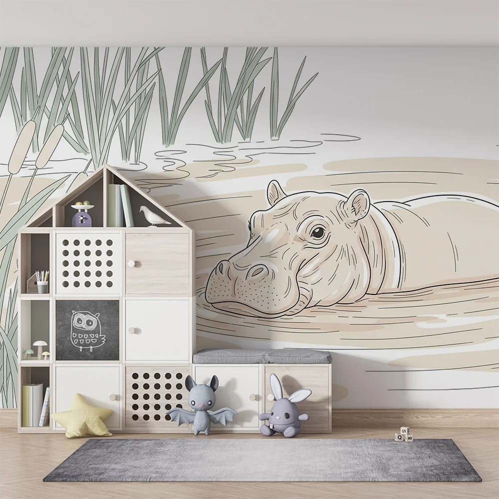 Papel de parede crianç | Hipopótamo pacífico no seu habitat aquático