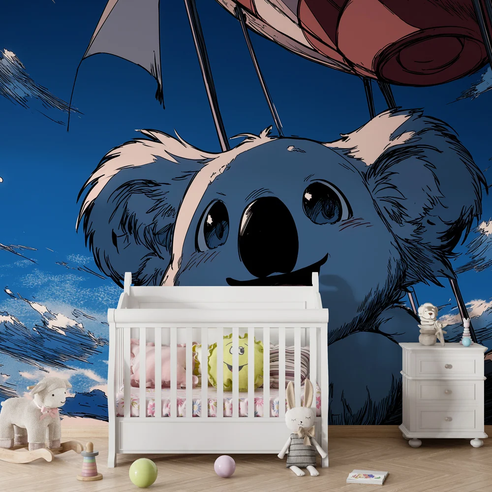 Papel de parede crianç | Koala alegre em balão de ar quente