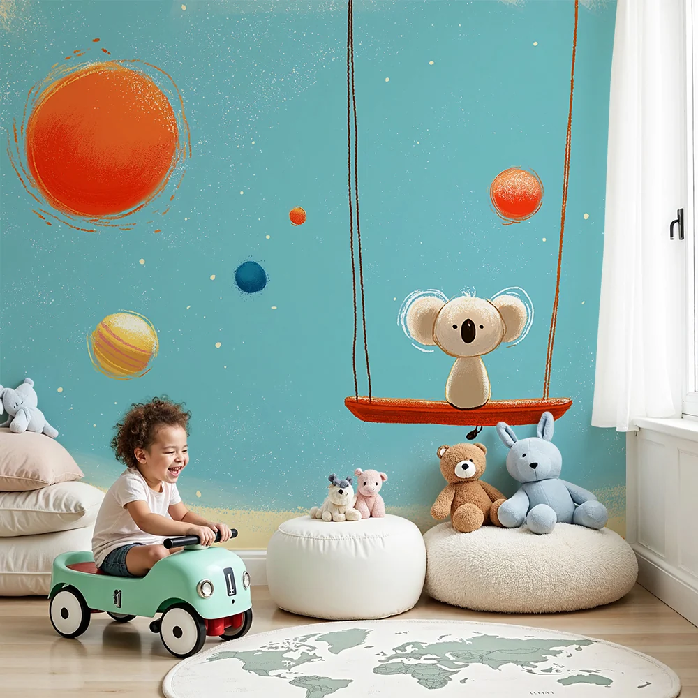 Papel de parede crianç | Koala em um balanço em um universo espacial colorido