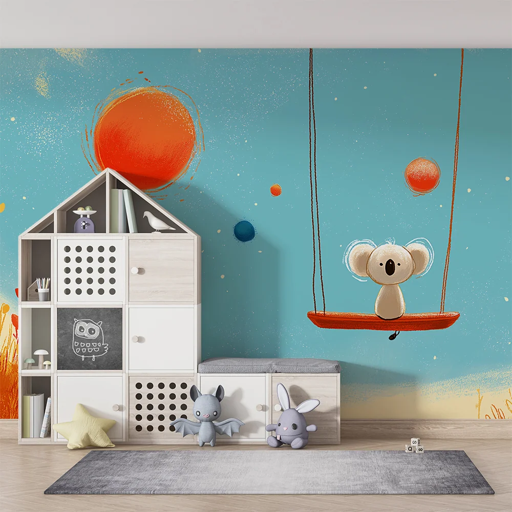 Papel de parede crianç | Koala em um balanço em um universo espacial colorido