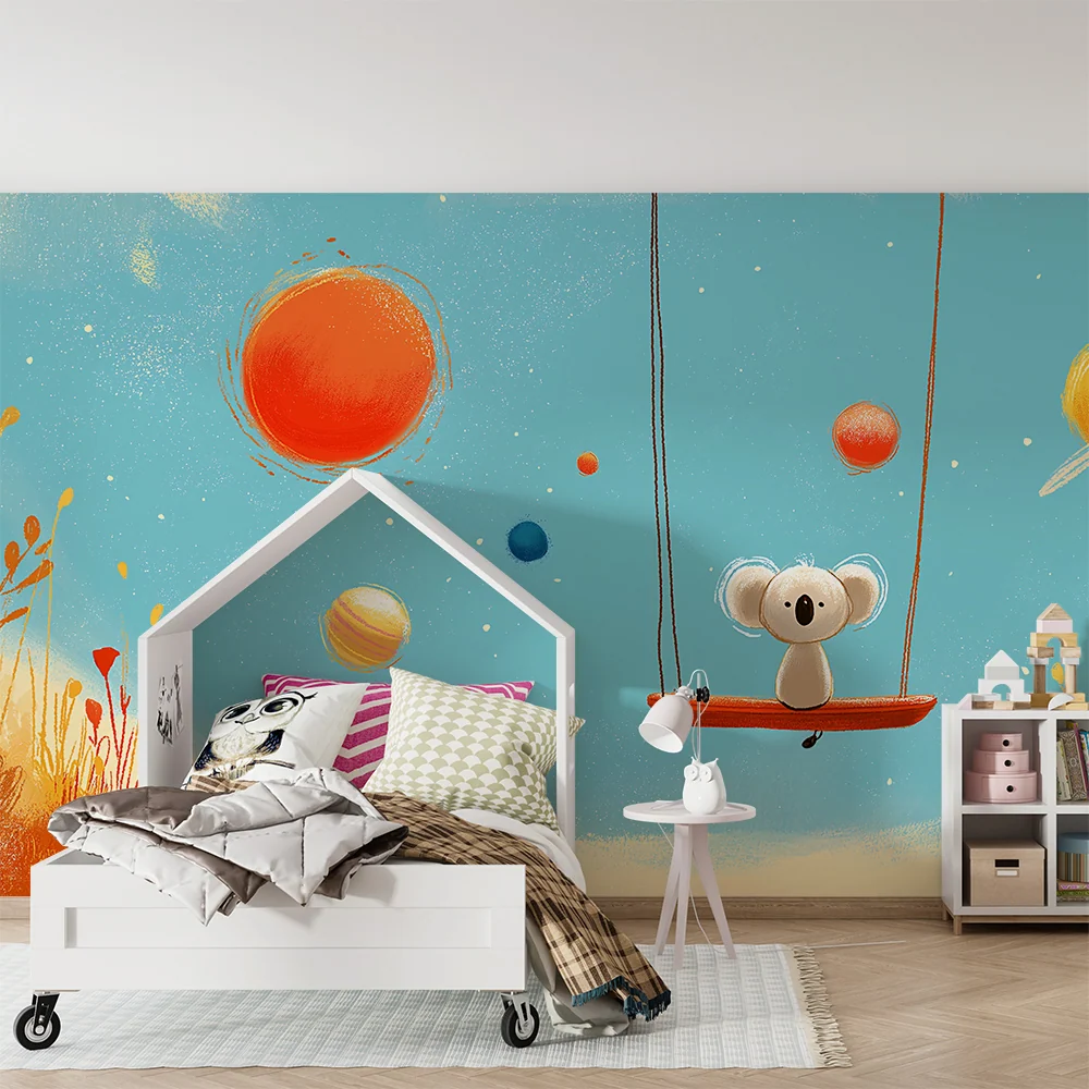 Papel de parede crianç | Koala em um balanço em um universo espacial colorido