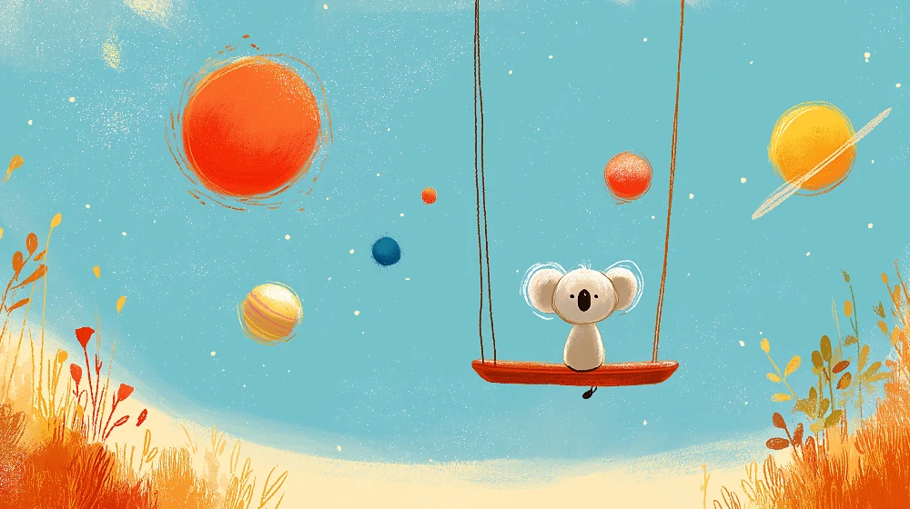 Papel de parede crianç | Koala em um balanço em um universo espacial colorido