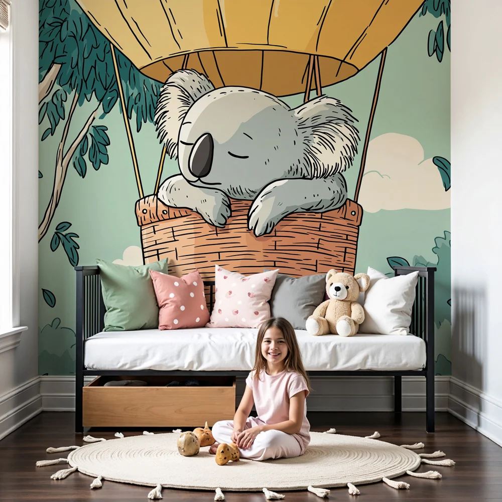 Papel de parede crianç | Koala em balão de ar quente
