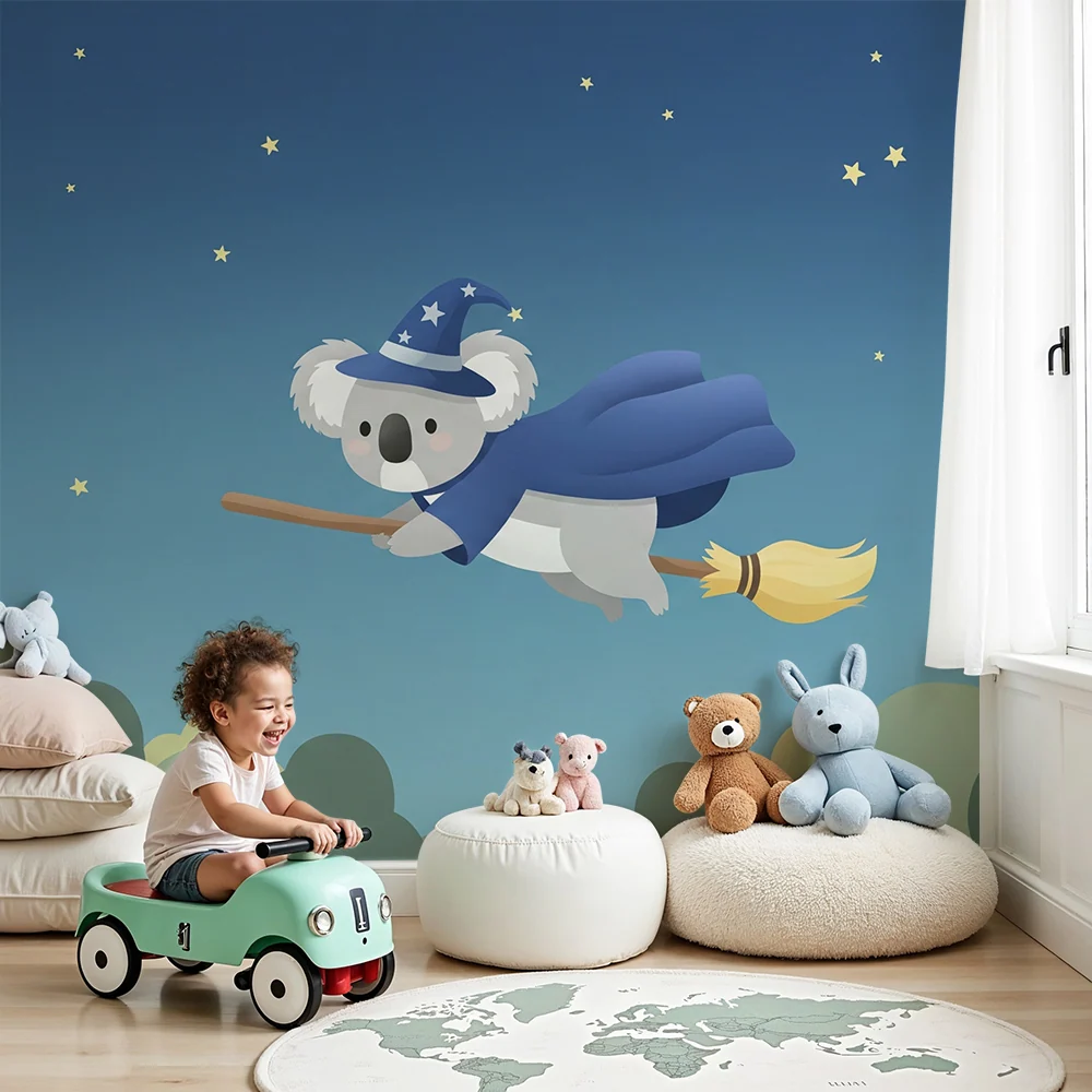 Papel de parede crianç | Koala bruxo em sua vassoura voadora sob as estrelas