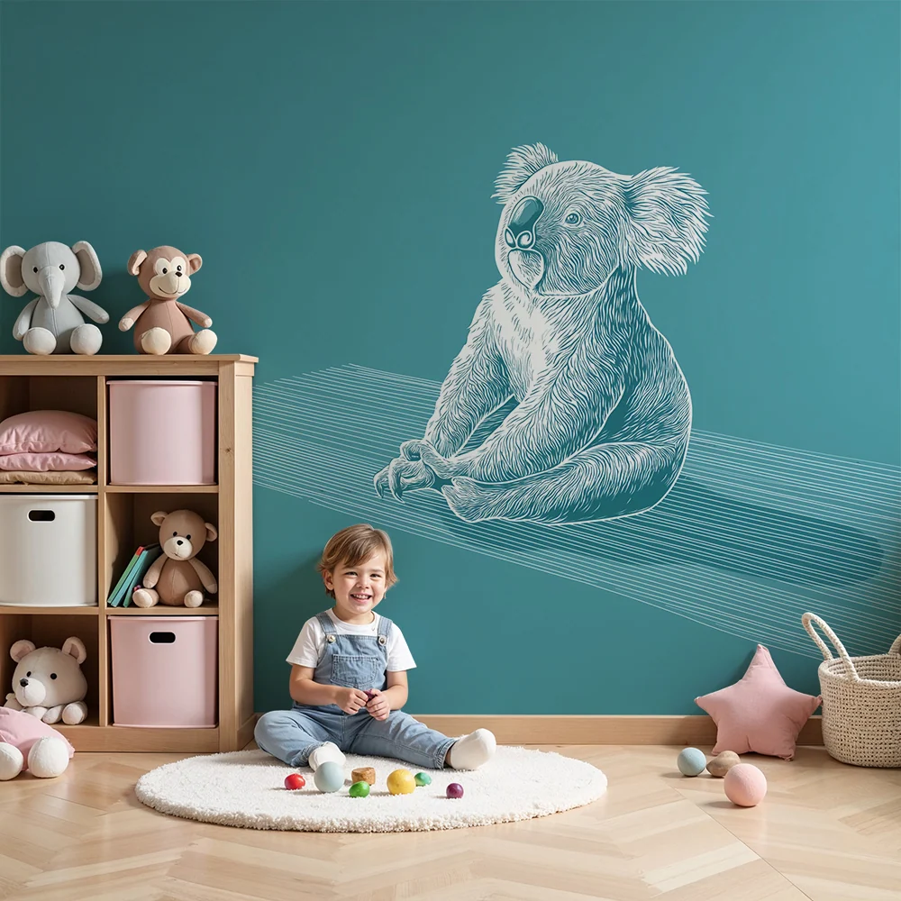 Papel de parede crianç | Koala fofo meditando em fundo turquesa