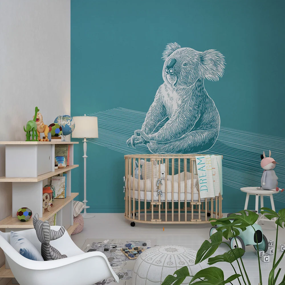 Papel de parede crianç | Koala fofo meditando em fundo turquesa