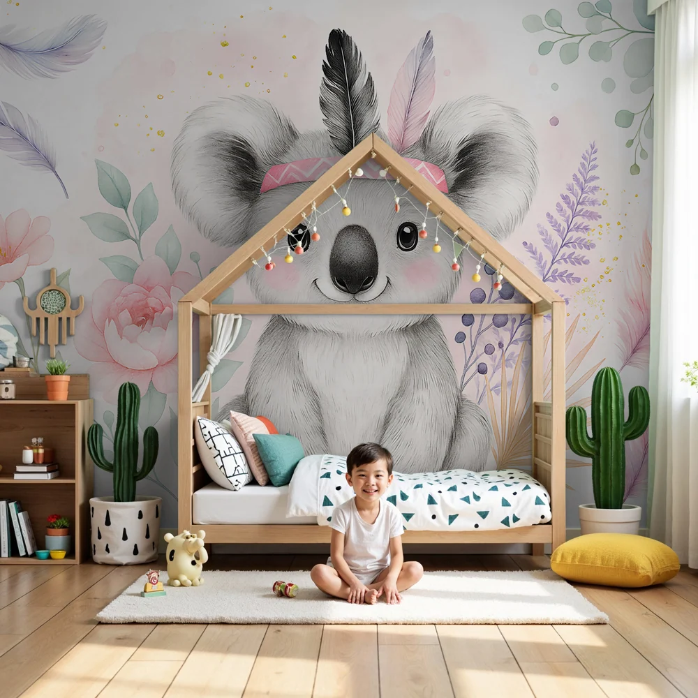 Papel de parede crianç | Koala fofo no meio de flores e penas