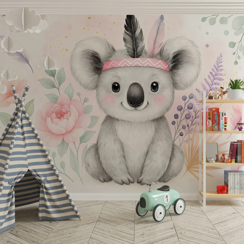 Papel de parede crianç | Koala fofo no meio de flores e penas