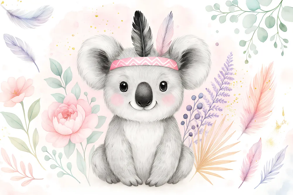 Papel de parede crianç | Koala fofo no meio de flores e penas