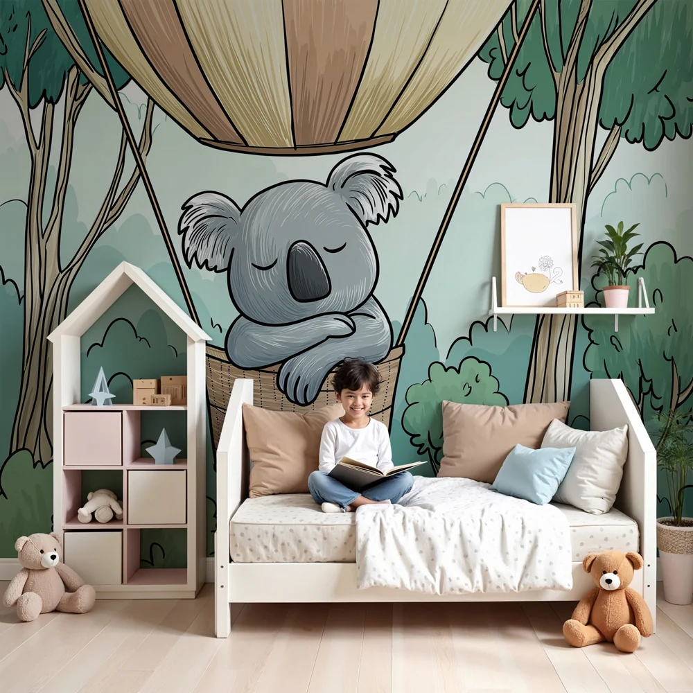 Papel de parede crianç | Koala num cesto acima da floresta