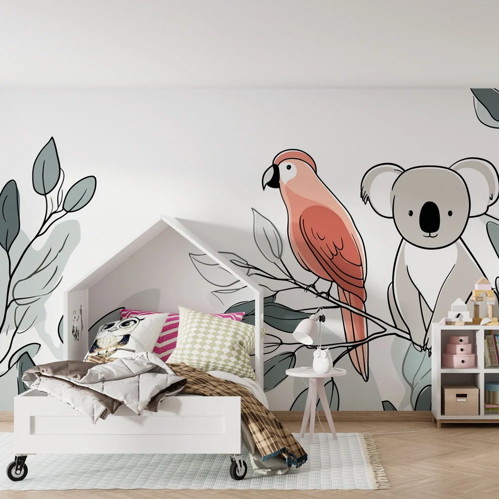 Papel de parede crianç | Koala e papagaio em fundo de folhas