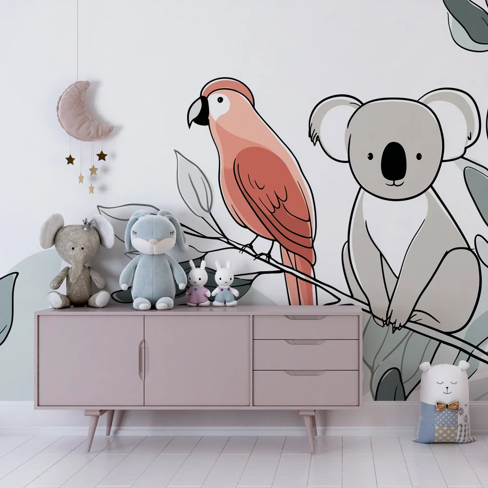 Papel de parede crianç | Koala e papagaio em fundo de folhas