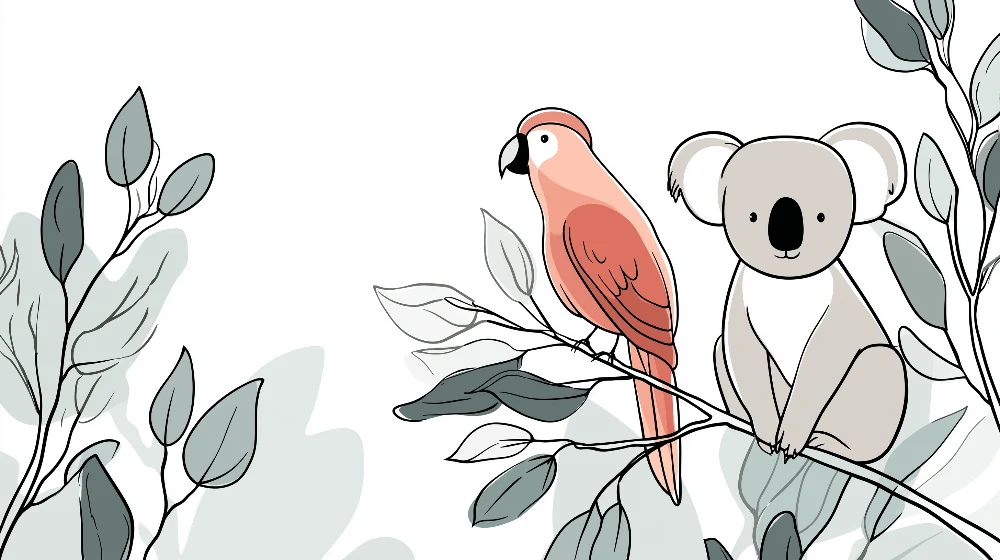 Papel de parede crianç | Koala e papagaio em fundo de folhas