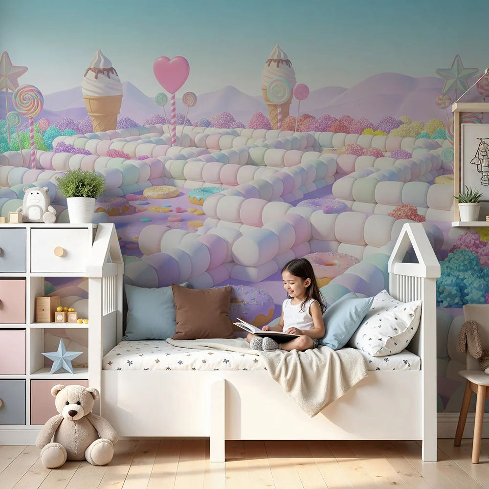 Papel de parede crianç | Labirinto doce com doces e bolos coloridos
