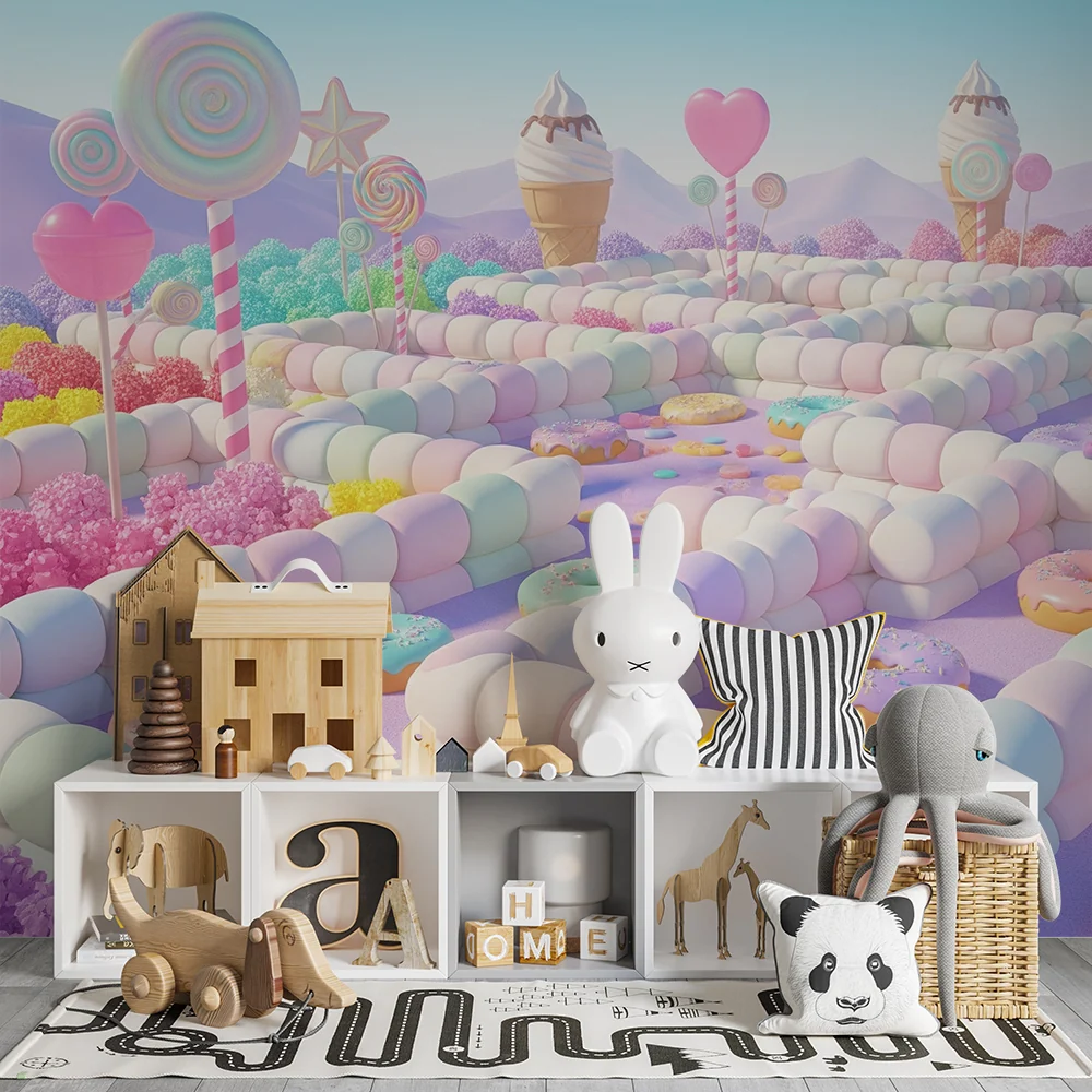 Papel de parede crianç | Labirinto doce com doces e bolos coloridos