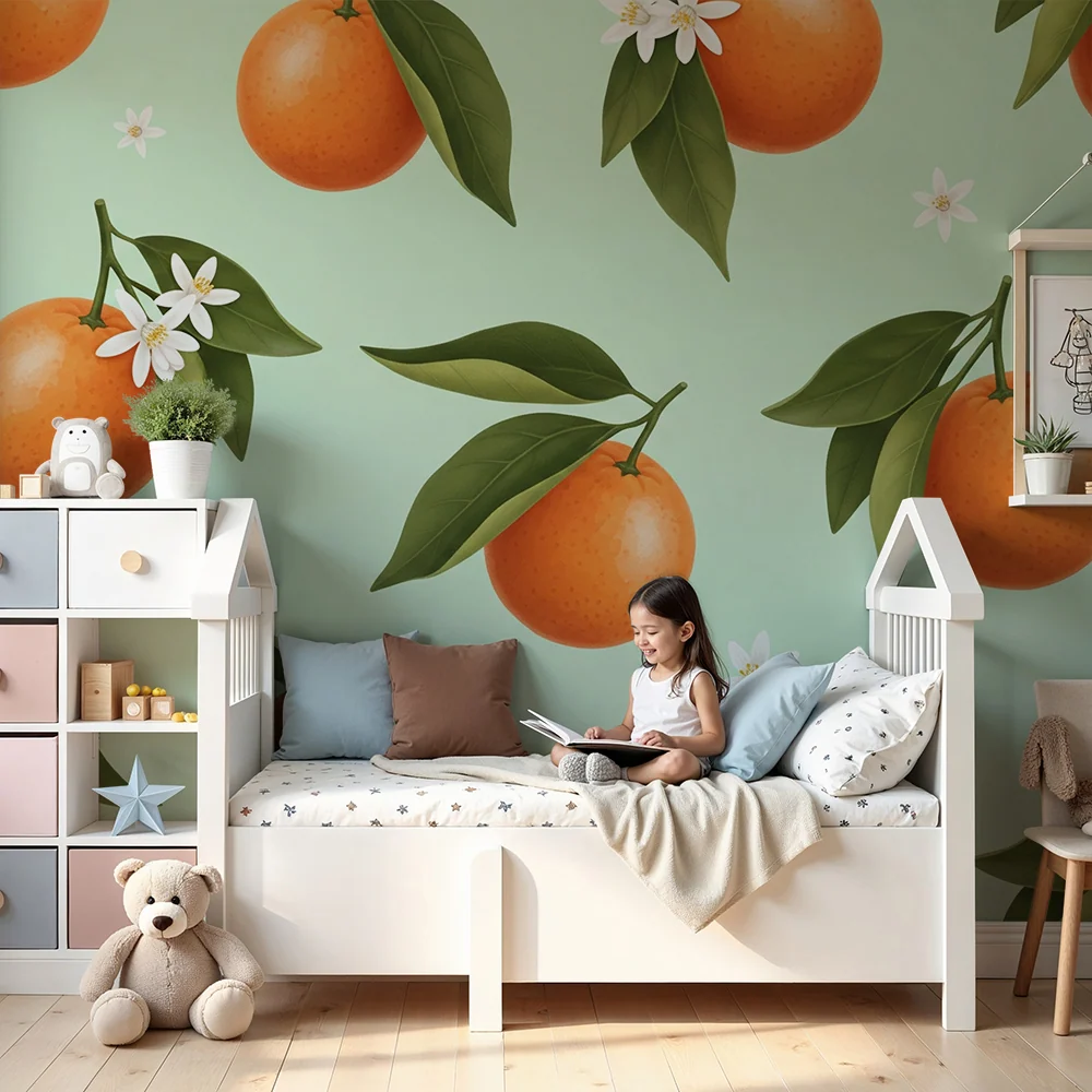 Papel de parede crianç | Laranjas suculentas e flores brancas em fundo verde menta