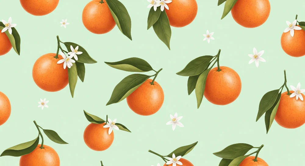 Papel de parede crianç | Laranjas suculentas e flores brancas em fundo verde menta