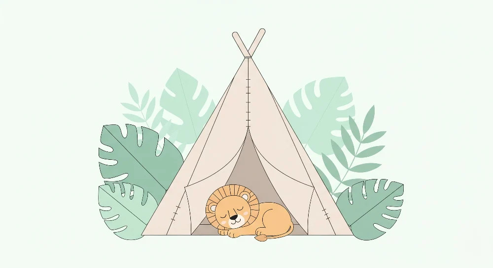 Papel de parede crianç | Leão abraçando e tenda na selva