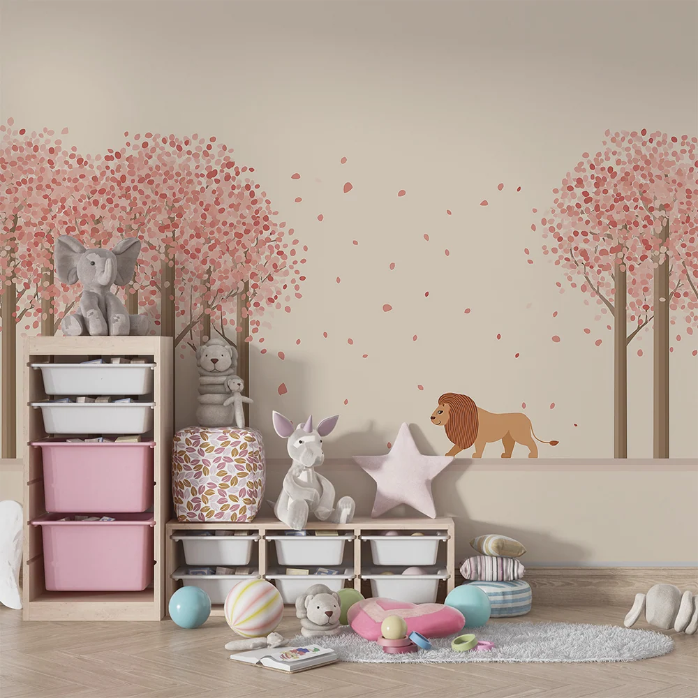 Papel de parede crianç | Leão andar sob as cerejeiras em flor