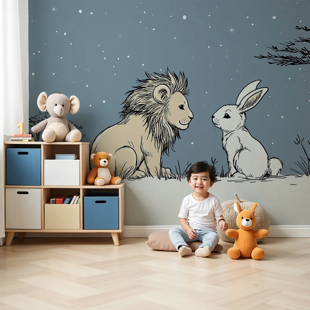 Papel de parede crianç | Leão e coelho sob um céu azul estrelado