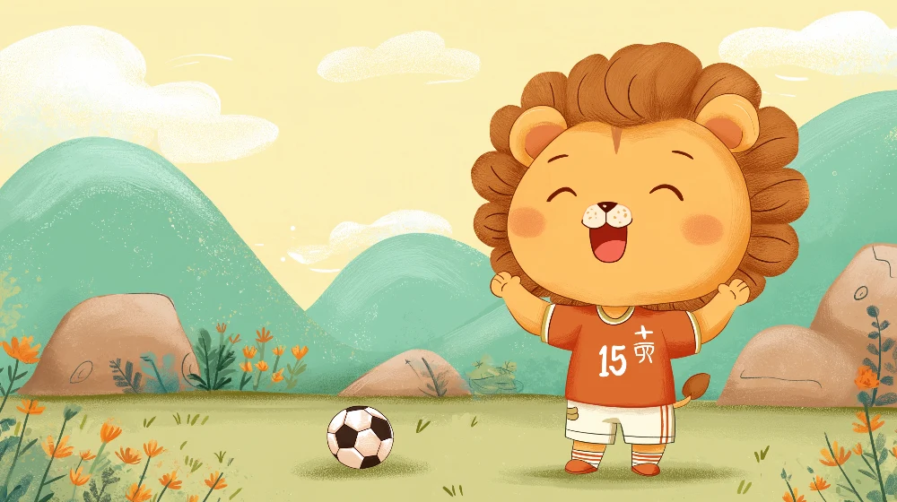 Papel de parede crianç | Leão feliz em traje de futebol em um campo ensolarado