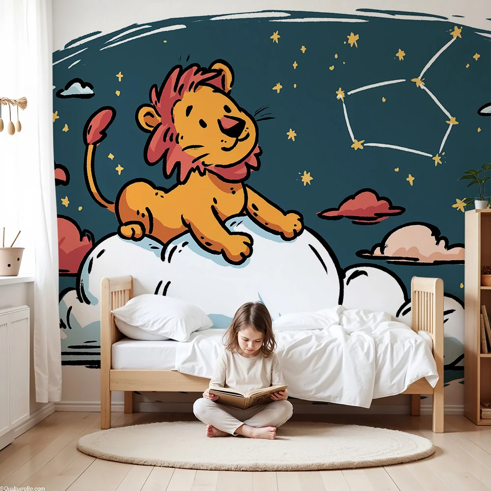 Papel de parede crianç | Leão feliz em uma nuvem sob as estrelas