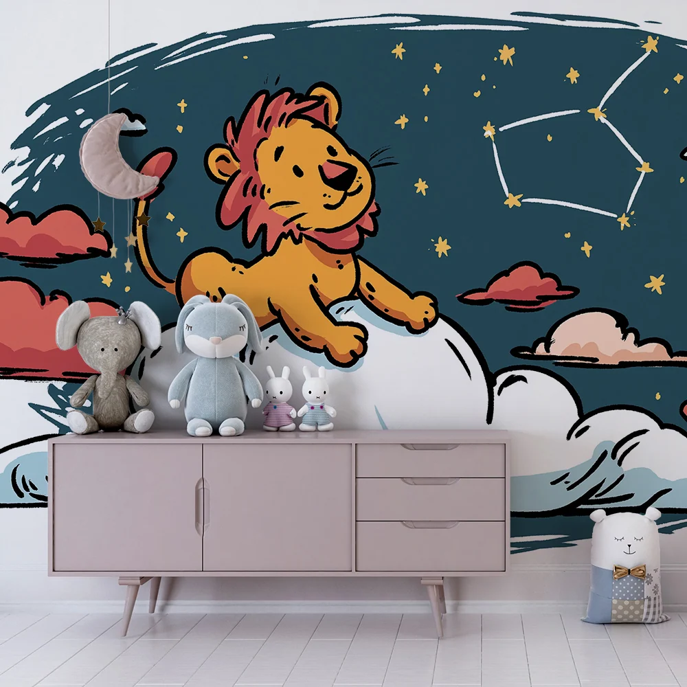 Papel de parede crianç | Leão feliz em uma nuvem sob as estrelas