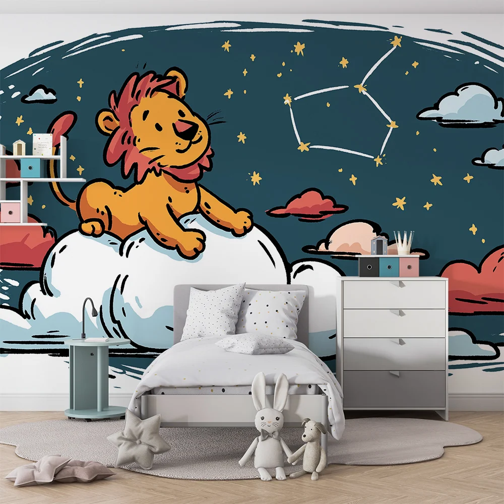Papel de parede crianç | Leão feliz em uma nuvem sob as estrelas