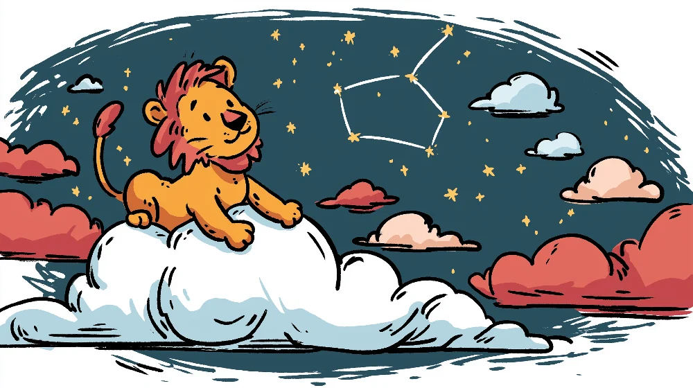 Papel de parede crianç | Leão feliz em uma nuvem sob as estrelas
