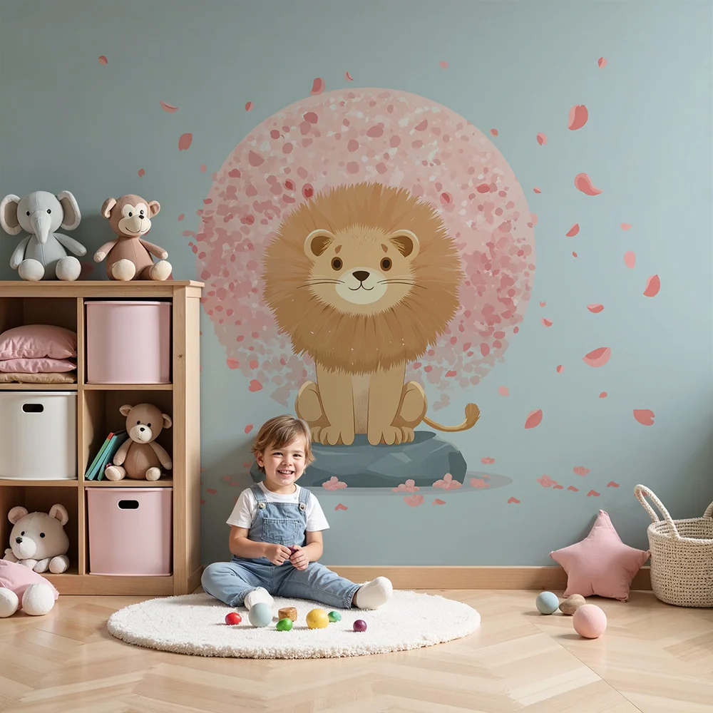 Papel de parede crianç | Leão fofo sob uma chuva de pétalas cor de rosa