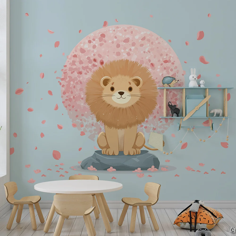 Papel de parede crianç | Leão fofo sob uma chuva de pétalas cor de rosa