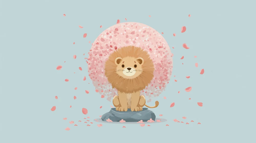 Papel de parede crianç | Leão fofo sob uma chuva de pétalas cor de rosa