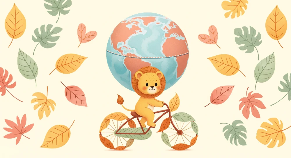 Papel de parede crianç | Leão fofo em uma bicicleta com um globo terrestre e folhas coloridas