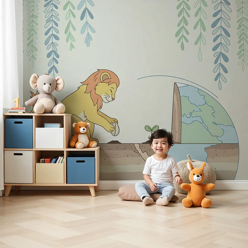 Papel de parede crianç | Leão plantando uma árvore em um mundo colorido