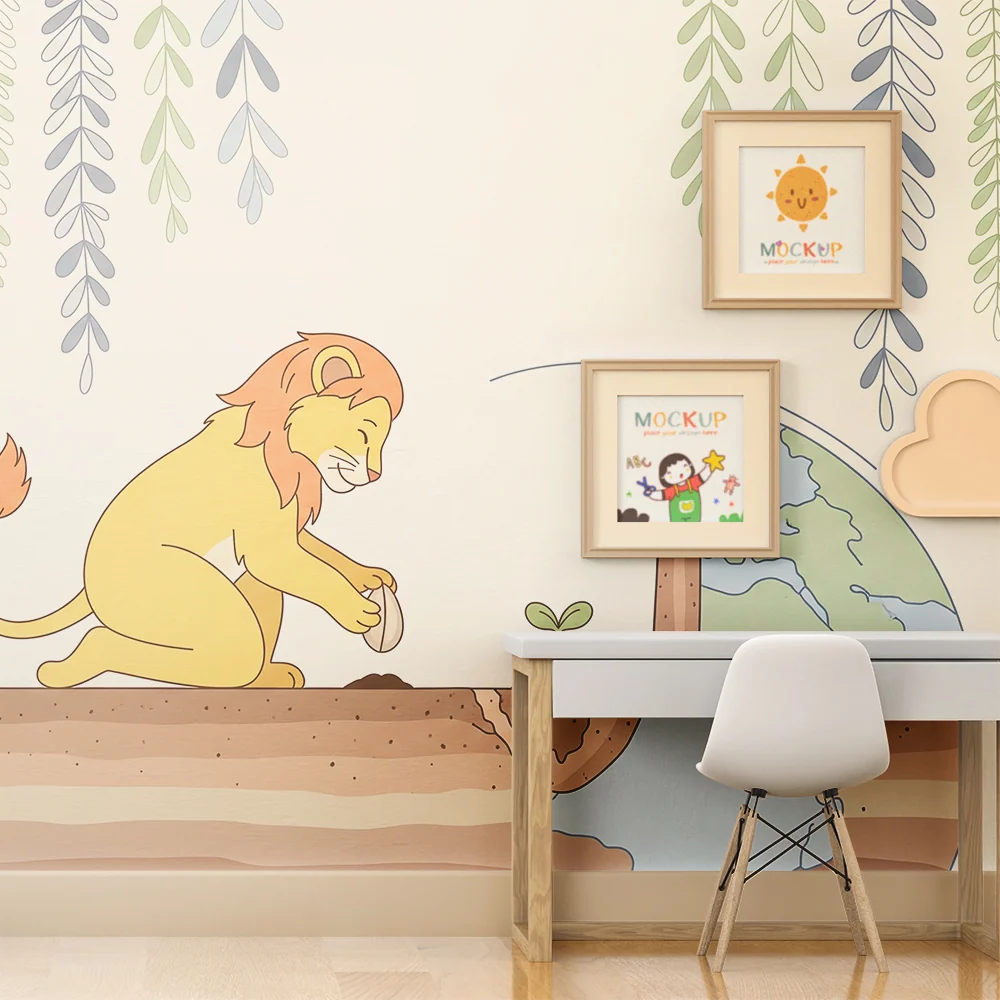 Papel de parede crianç | Leão plantando uma árvore em um mundo colorido