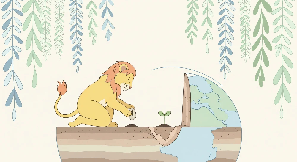 Papel de parede crianç | Leão plantando uma árvore em um mundo colorido