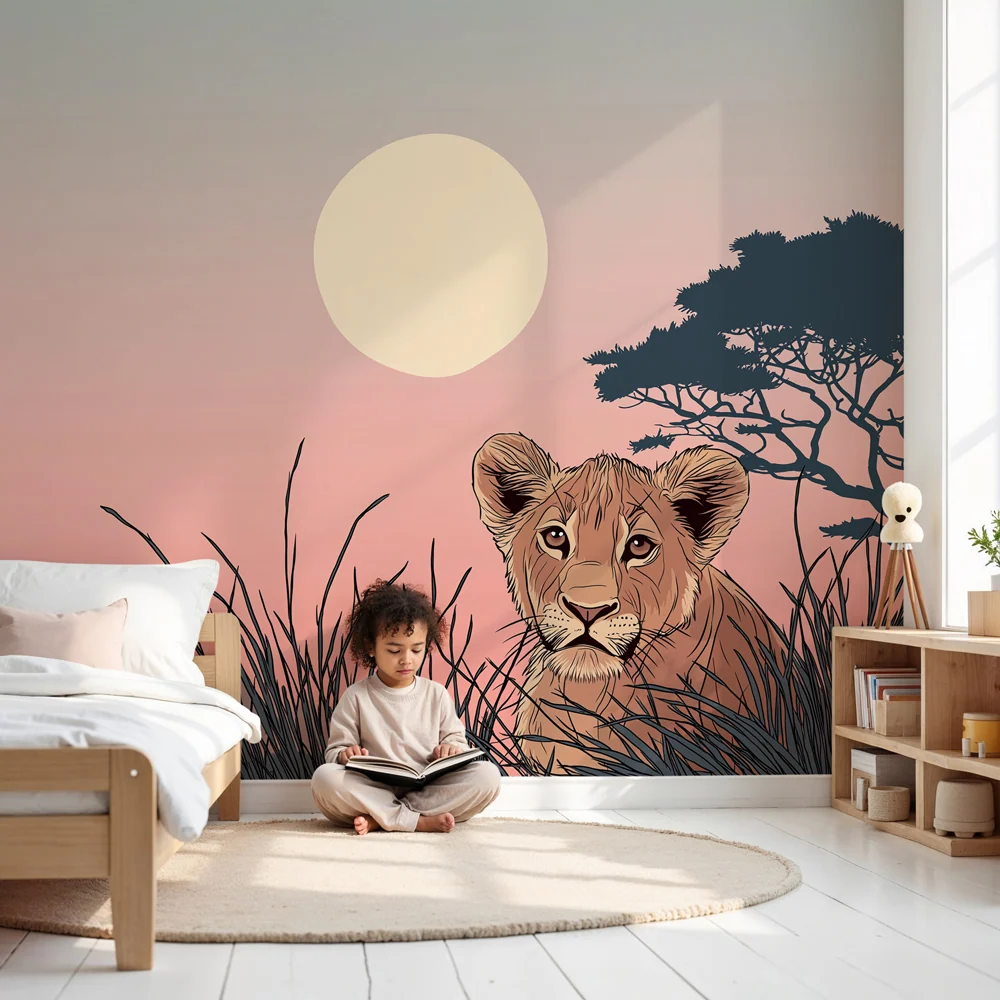 Papel de parede crianç | Leão ao pôr do sol