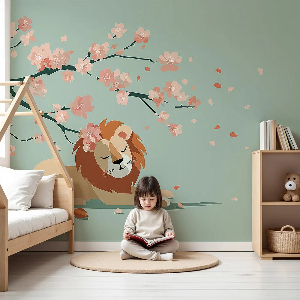 Papel de parede crianç | Leão tranquilo sob uma cerejeira em flor
