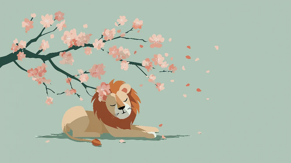 Papel de parede crianç | Leão tranquilo sob uma cerejeira em flor