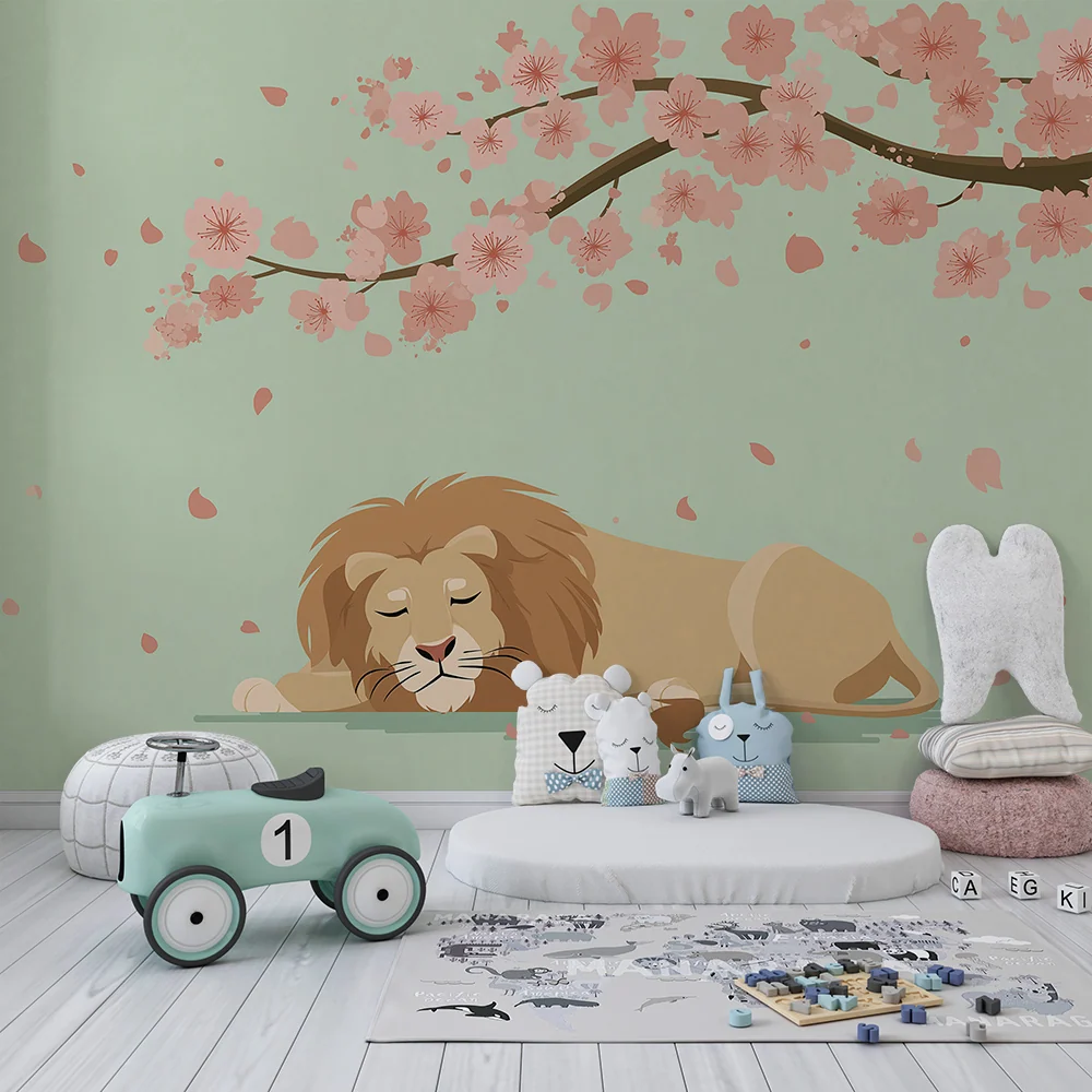 Papel de parede crianç | Leão tranquilo sob as cerejeiras em flor